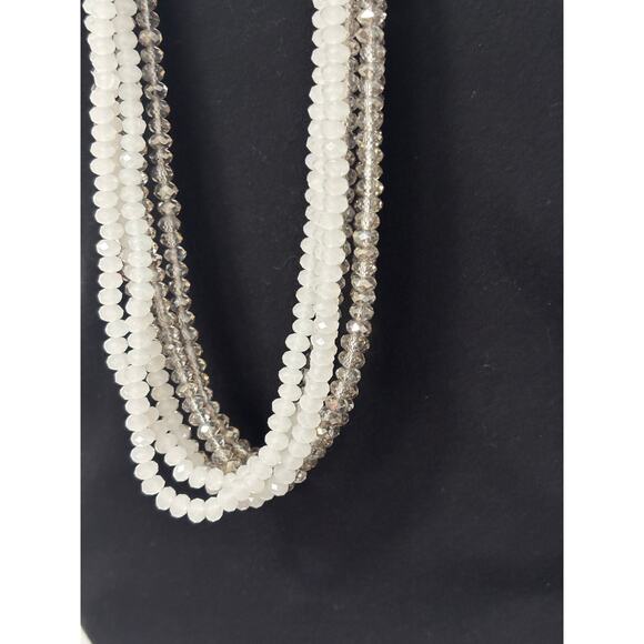 Women's Multi-Strand Statement Chunky White Beaded Silver Tone Chain Necklace - Picture 4 of 8